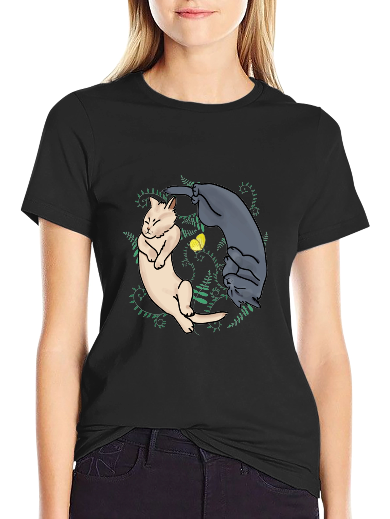 Yin Yang Cats Graphic Tee - Black