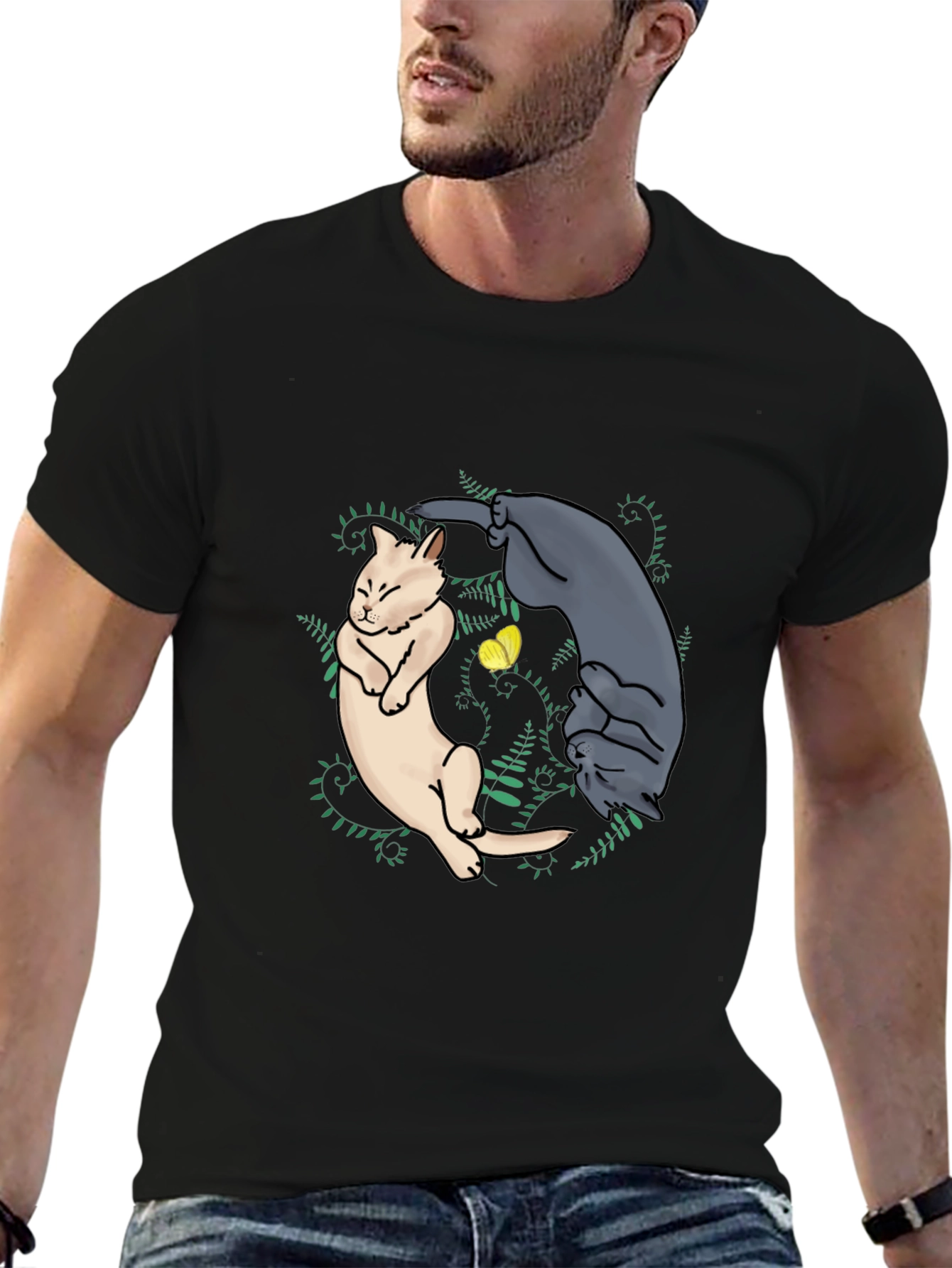 Yin Yang Cats Graphic Tee - Black