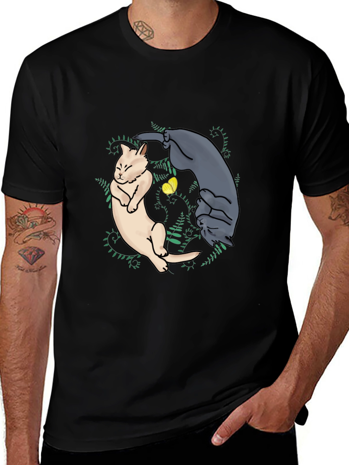 Yin Yang Cats Graphic Tee - Black