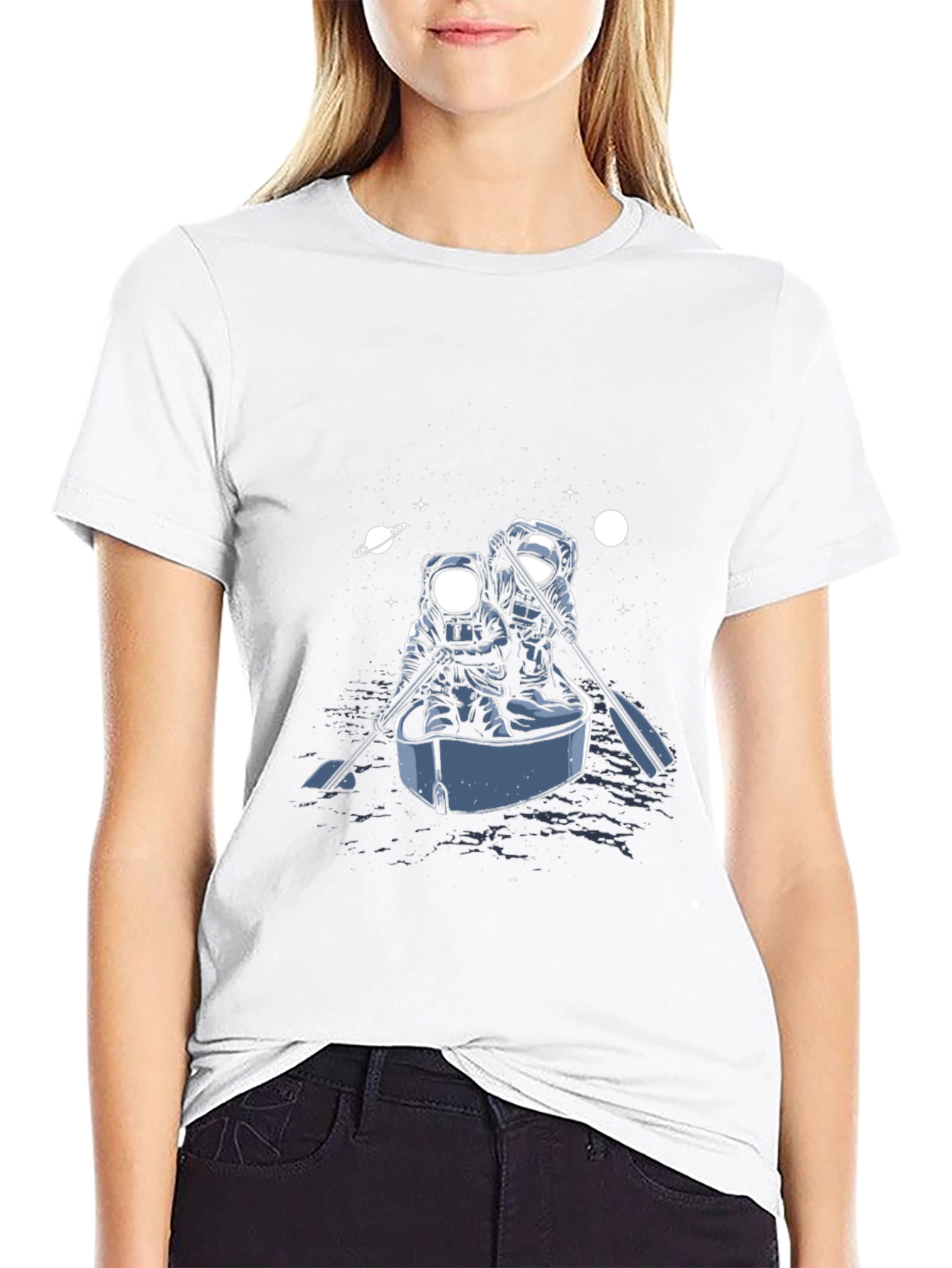 Astronauts in Boat Graphic Tee - Space Adventure Shirt
