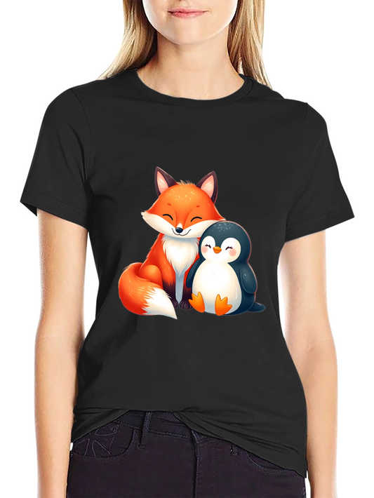 Fox & Penguin Graphic T-Shirt - Cute Cartoon Animal Design