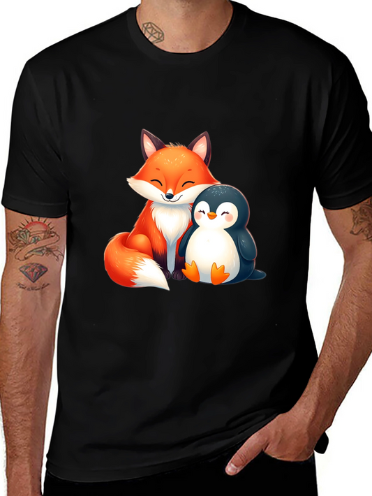 Fox & Penguin Graphic T-Shirt - Cute Cartoon Animal Design