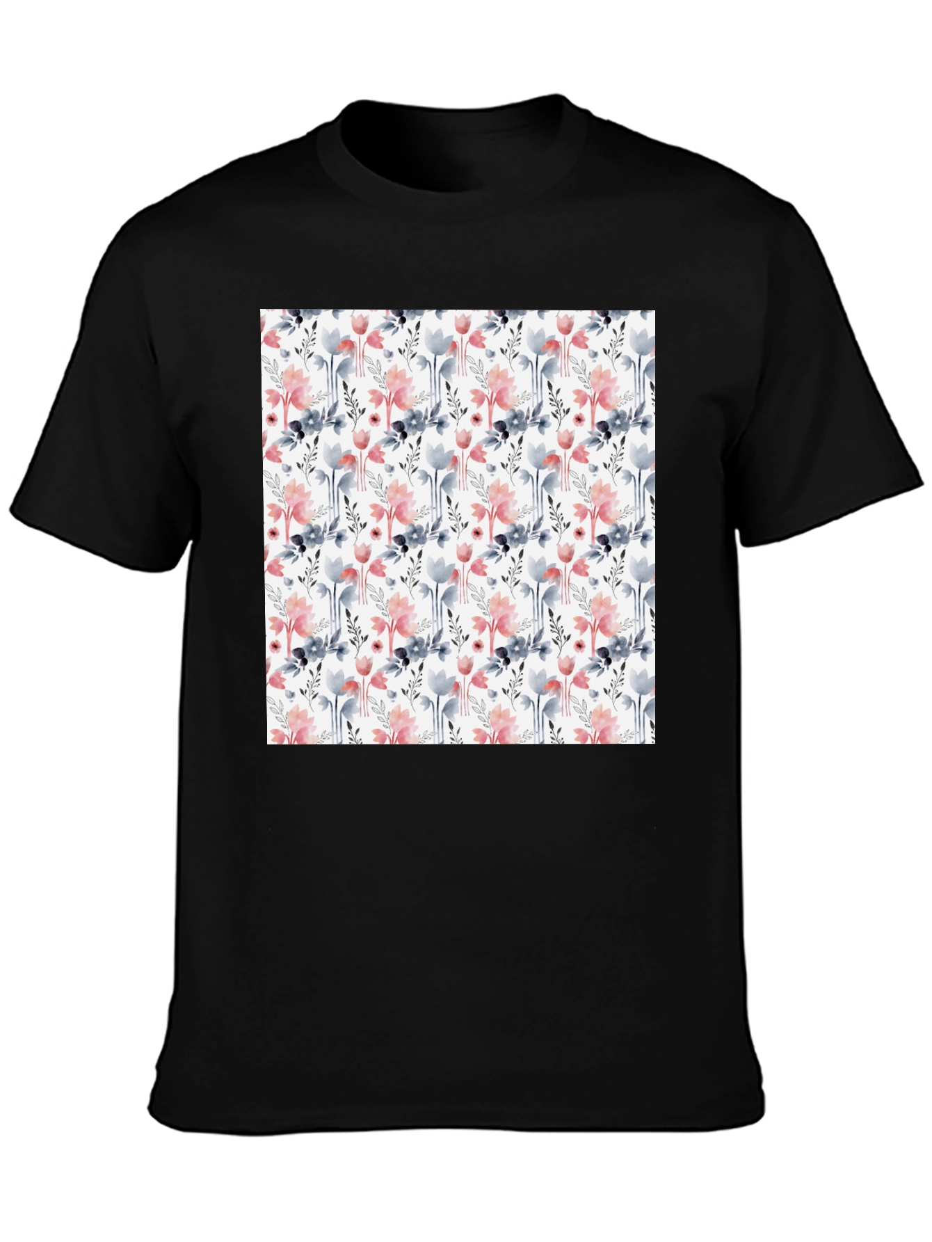 Floral Patterned Mens T-Shirt - Black Casual Tee