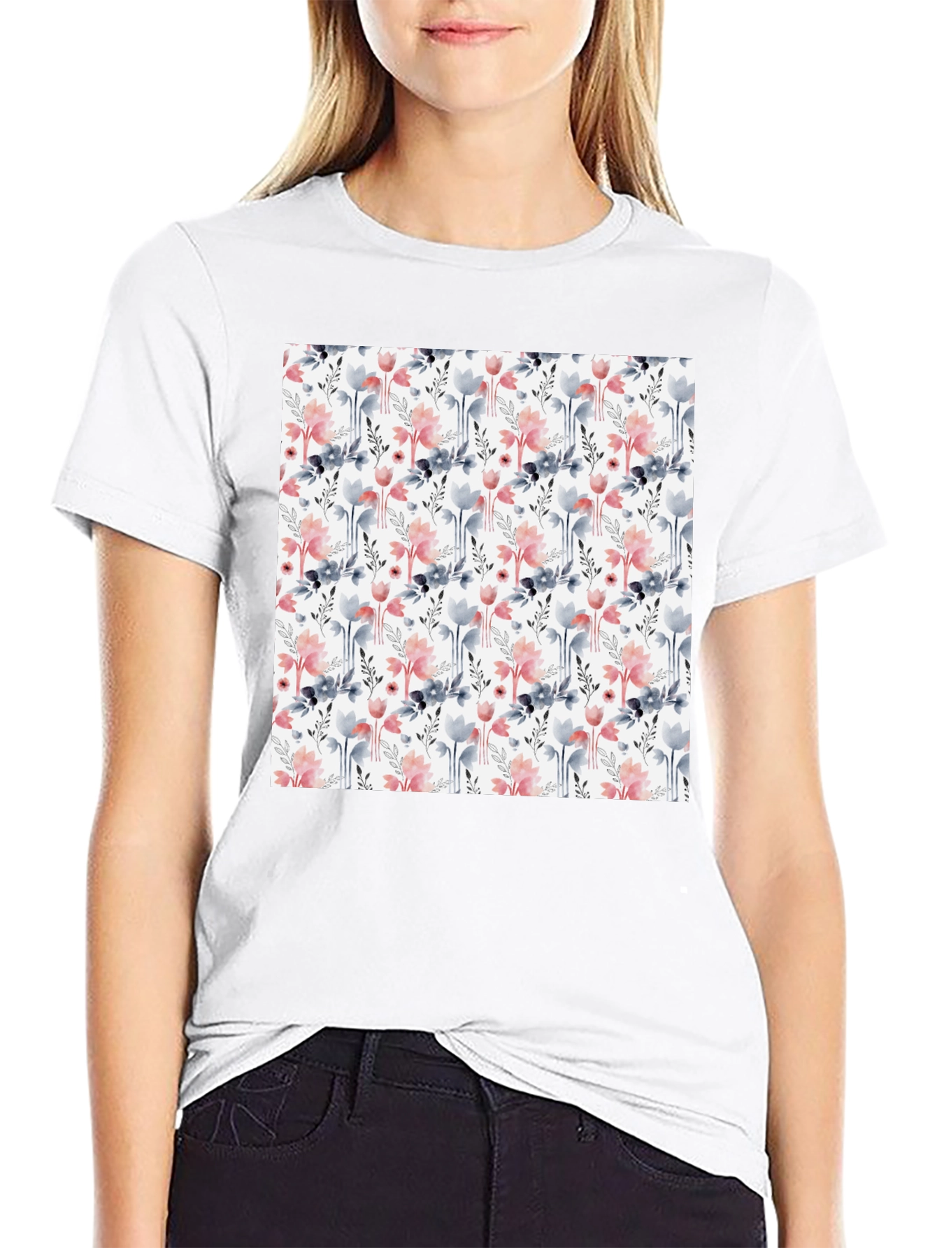 Floral Patterned Mens T-Shirt - Black Casual Tee