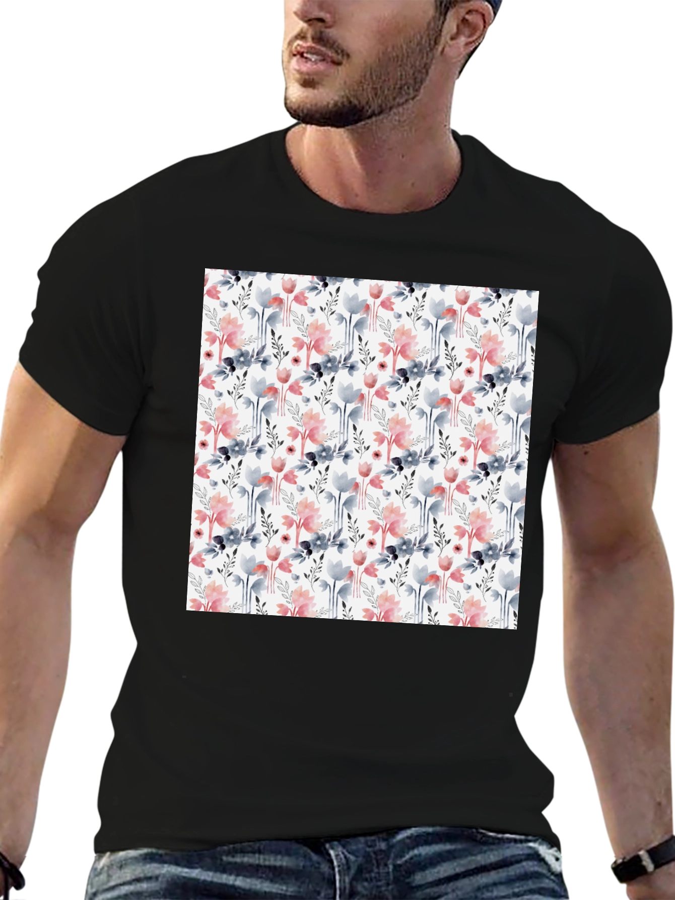 Floral Patterned Mens T-Shirt - Black Casual Tee
