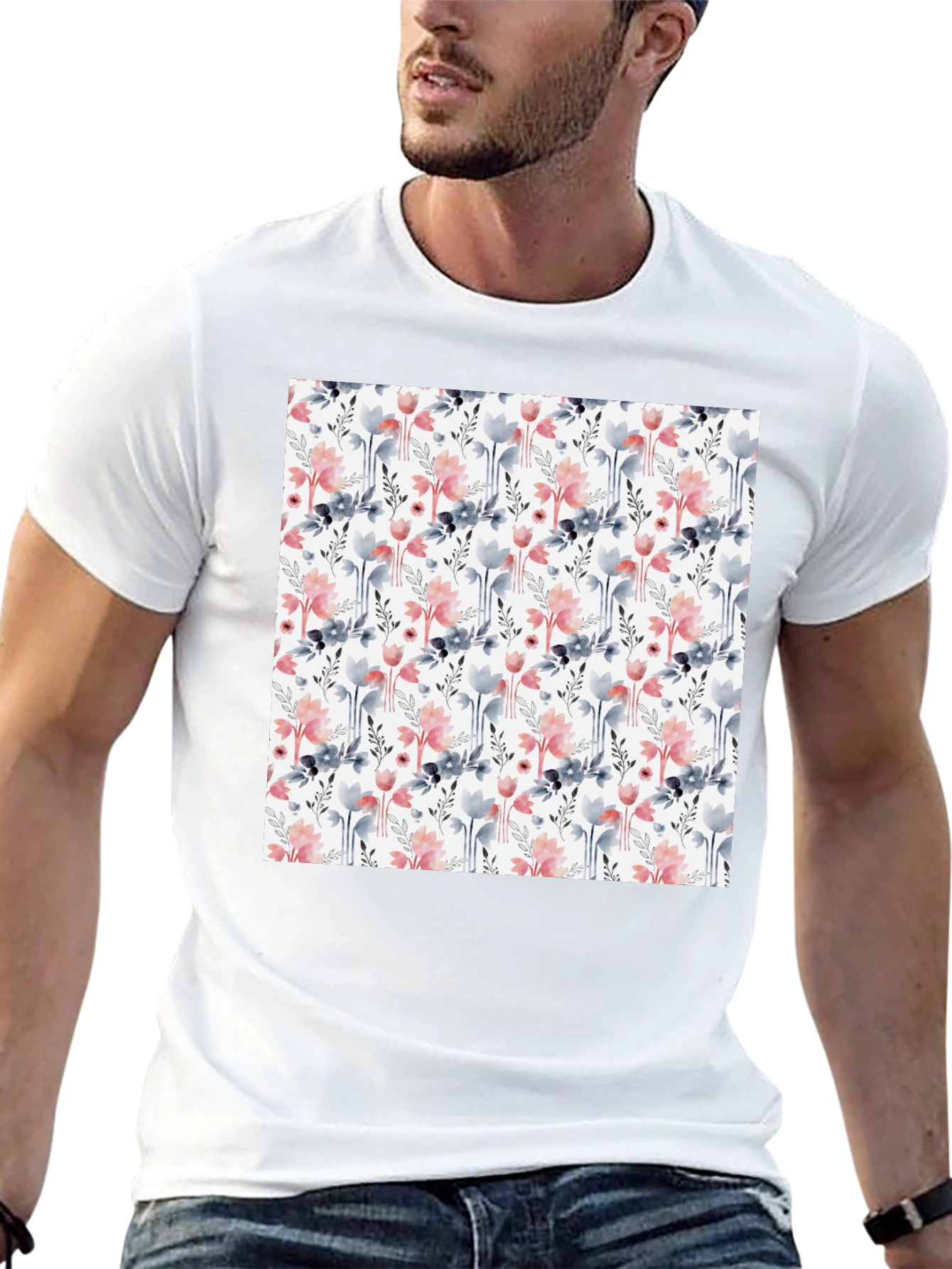 Floral Patterned Mens T-Shirt - Black Casual Tee