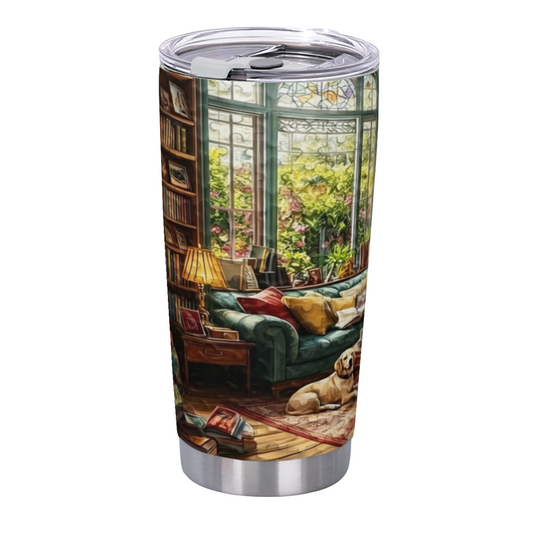 Warm Sunlit Library Bay Window Lazy Dog Reading Tumbler