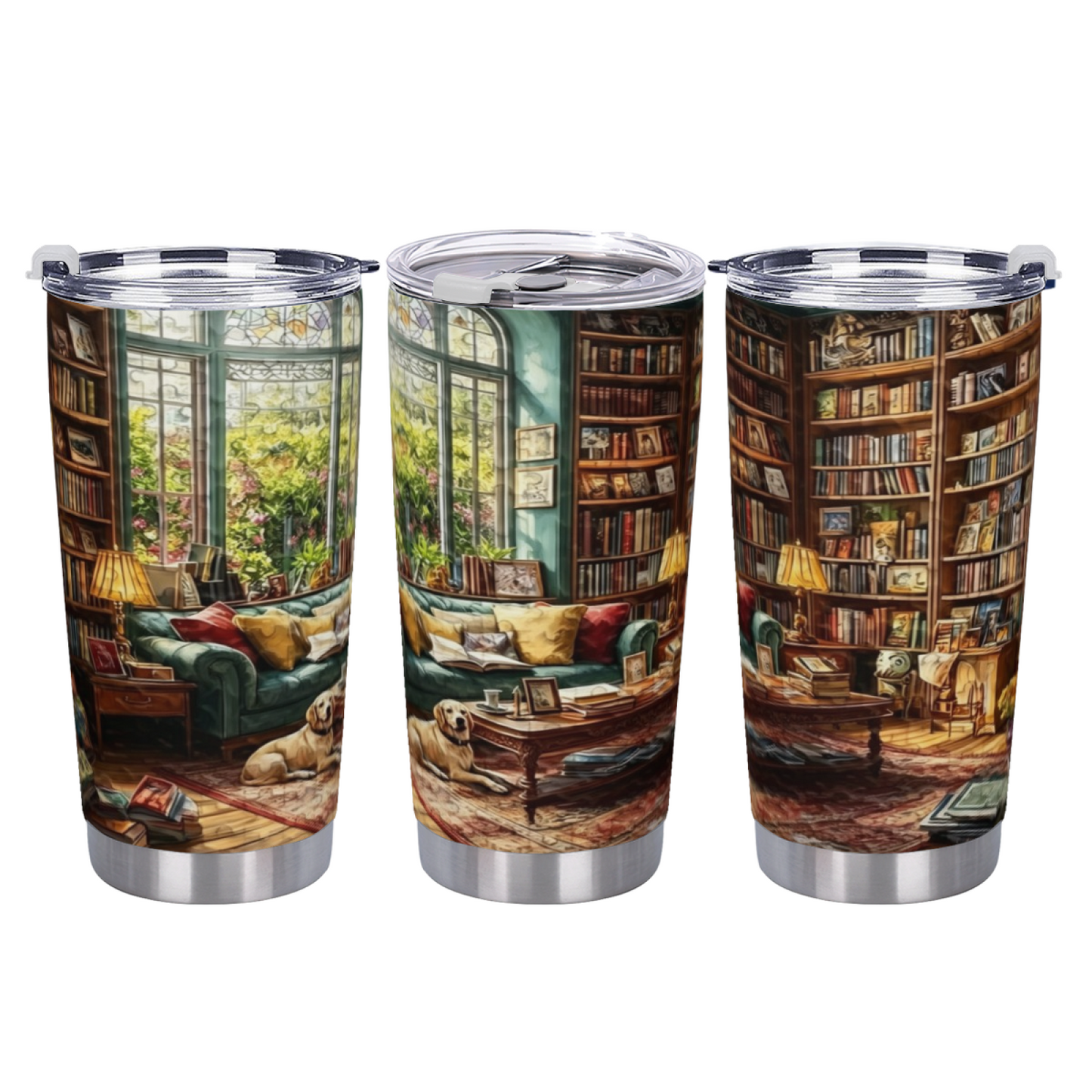 Warm Sunlit Library Bay Window Lazy Dog Reading Tumbler