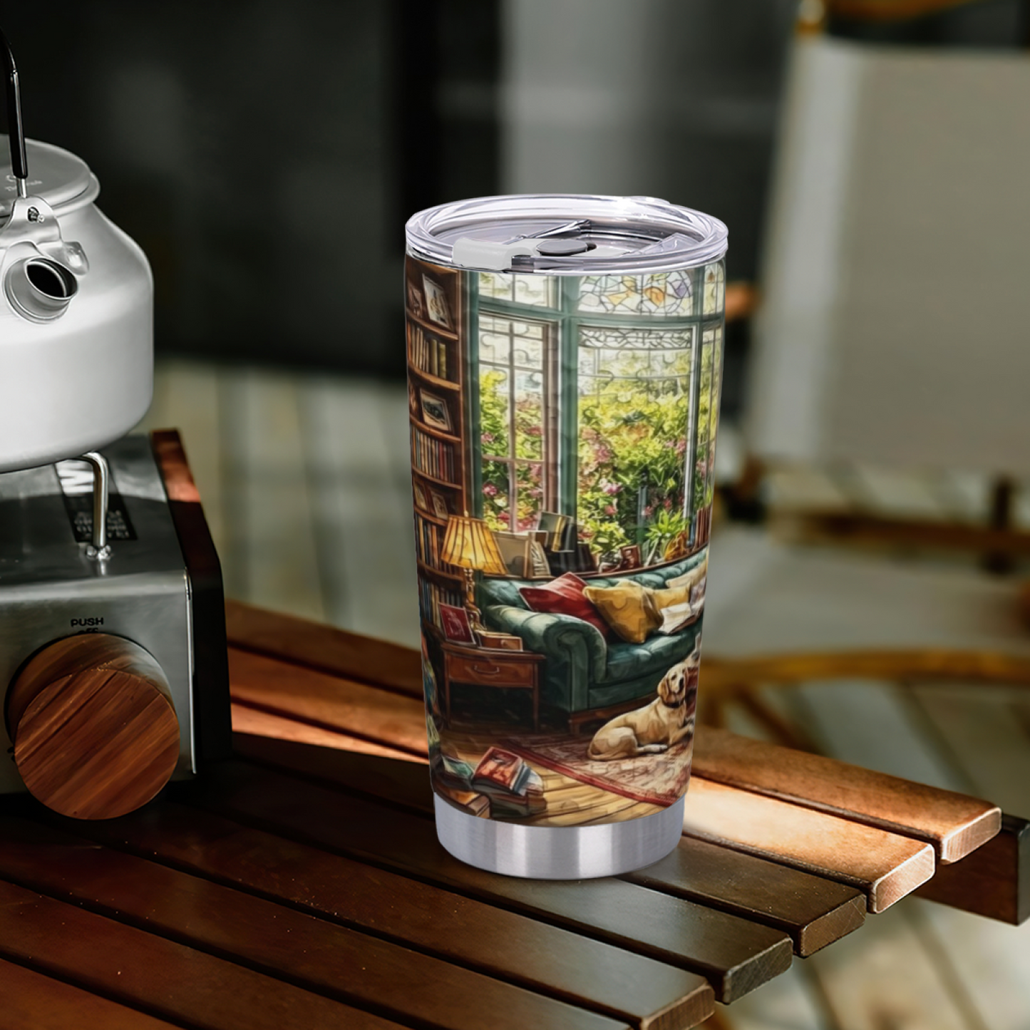 Warm Sunlit Library Bay Window Lazy Dog Reading Tumbler