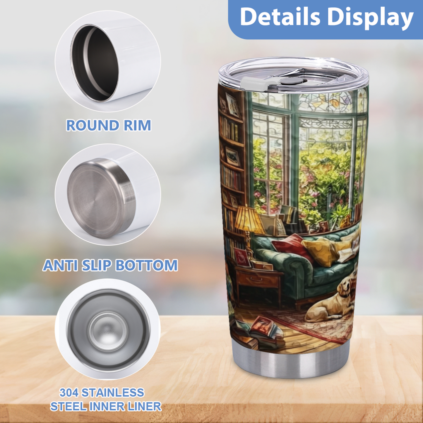 Warm Sunlit Library Bay Window Lazy Dog Reading Tumbler