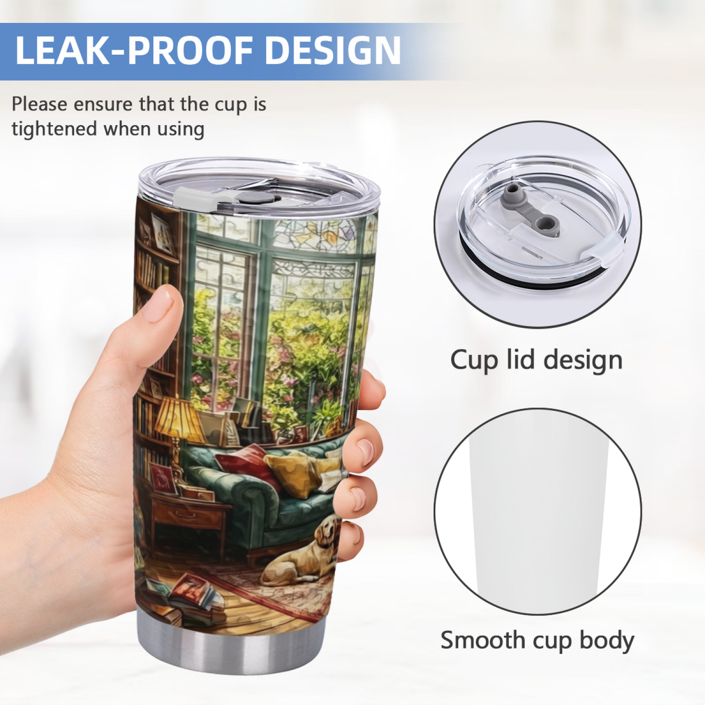 Warm Sunlit Library Bay Window Lazy Dog Reading Tumbler
