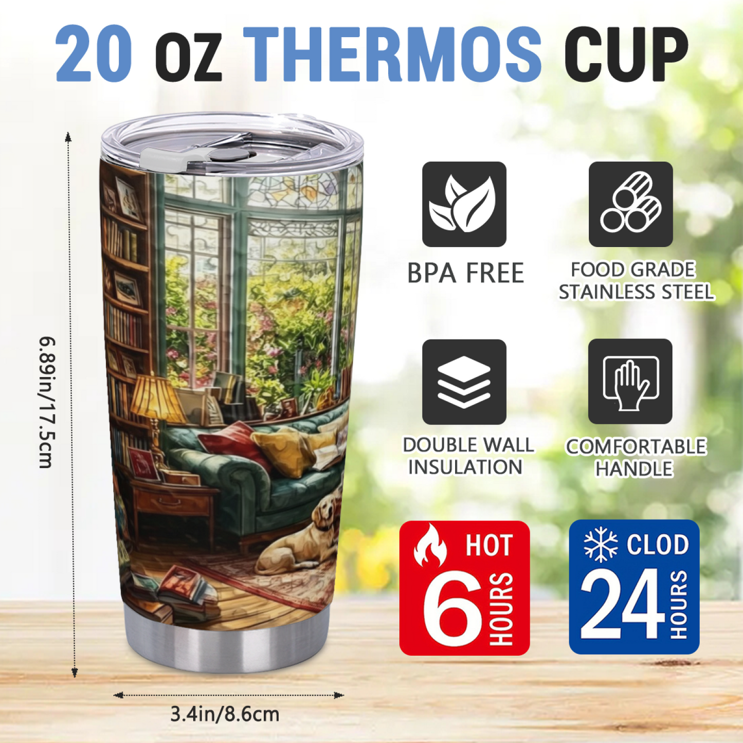 Warm Sunlit Library Bay Window Lazy Dog Reading Tumbler