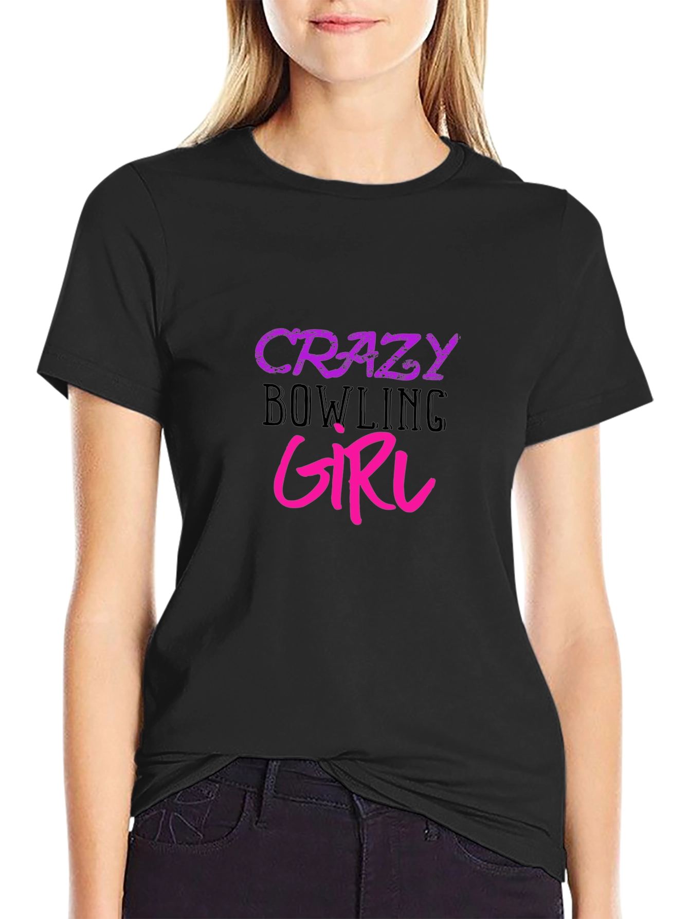 Crazy Bowling Girl Graphic Tee - Black