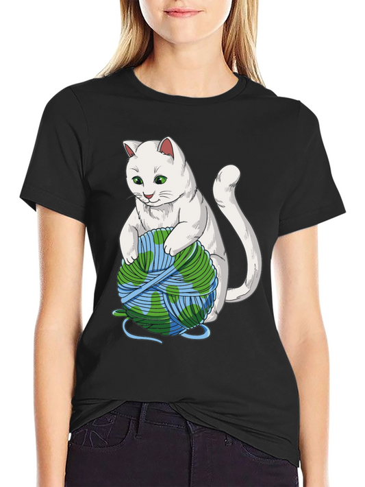 Cat with Earth Yarn T-Shirt - Global Warming Awareness