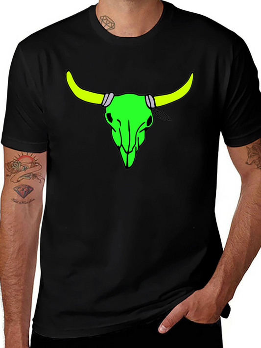 Neon Bull Skull Graphic Tee - Bold Black Cotton Shirt
