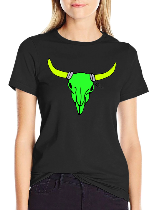Neon Bull Skull Graphic Tee - Bold Black Cotton Shirt