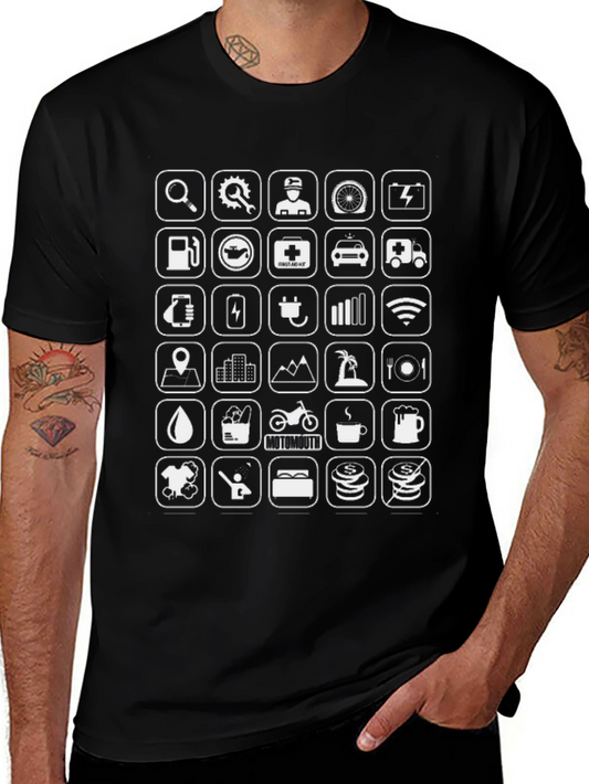 Mens Black Graphic T-Shirt - Road Trip Icons