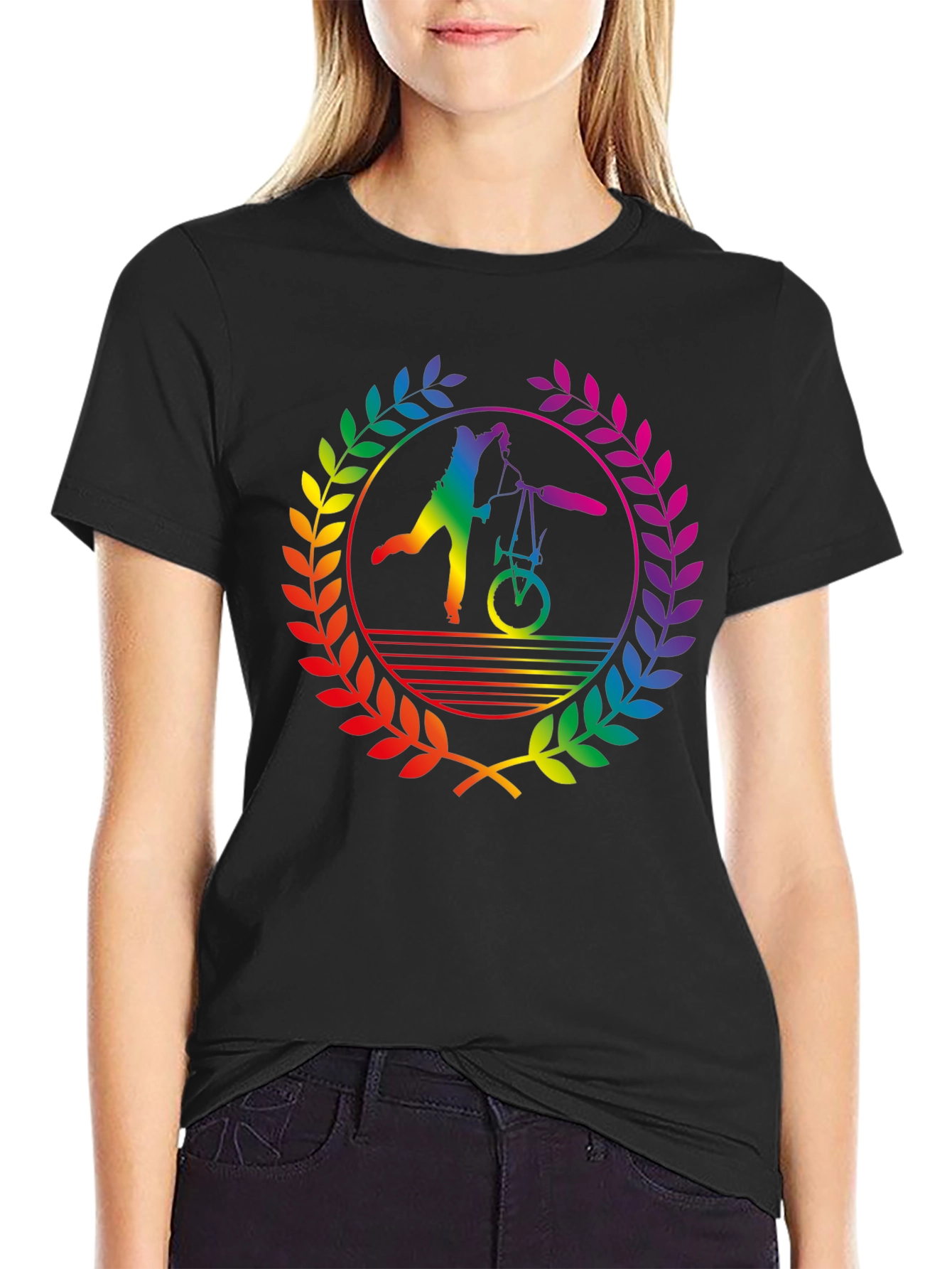 Rainbow Bicycle Silhouette Black T-Shirt