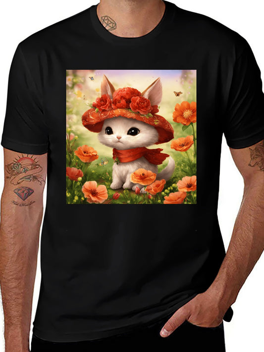 Cute Kitten Floral Hat Graphic T-Shirt