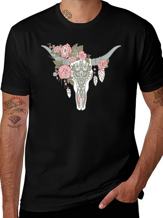 Floral Steer Skull Graphic Tee - Black