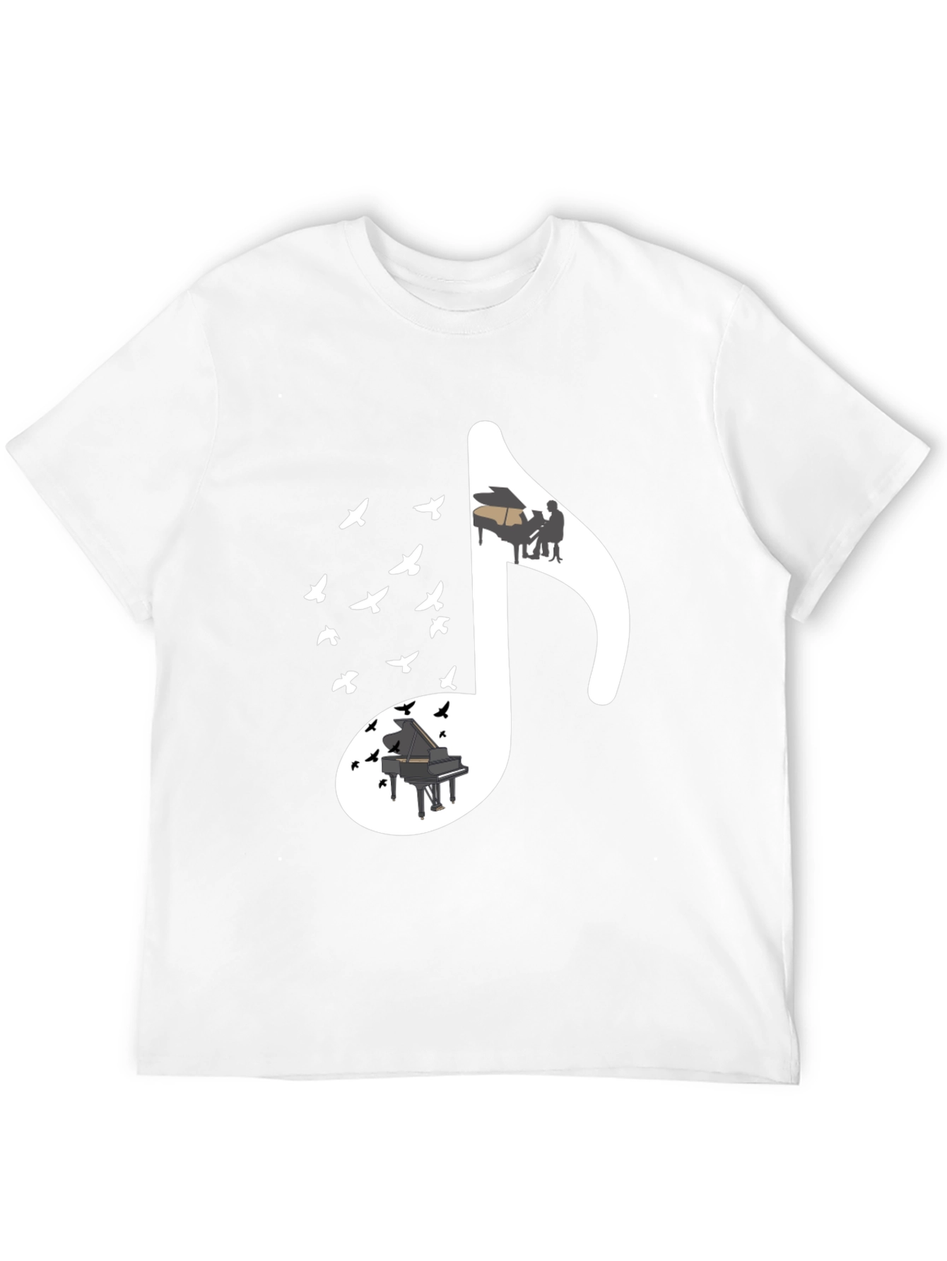 Musical Note T-Shirt with Piano and Bird Design