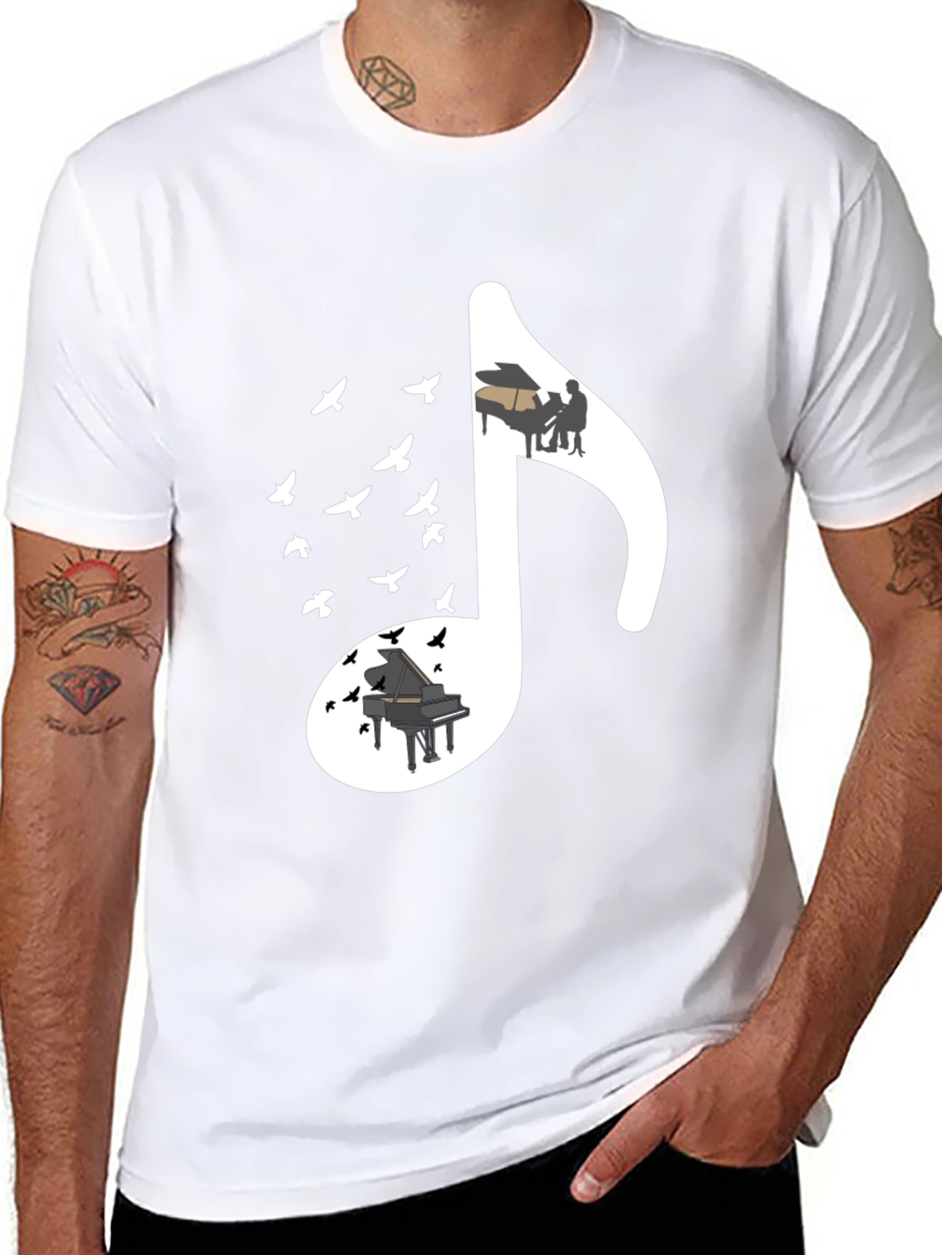 Musical Note T-Shirt with Piano and Bird Design
