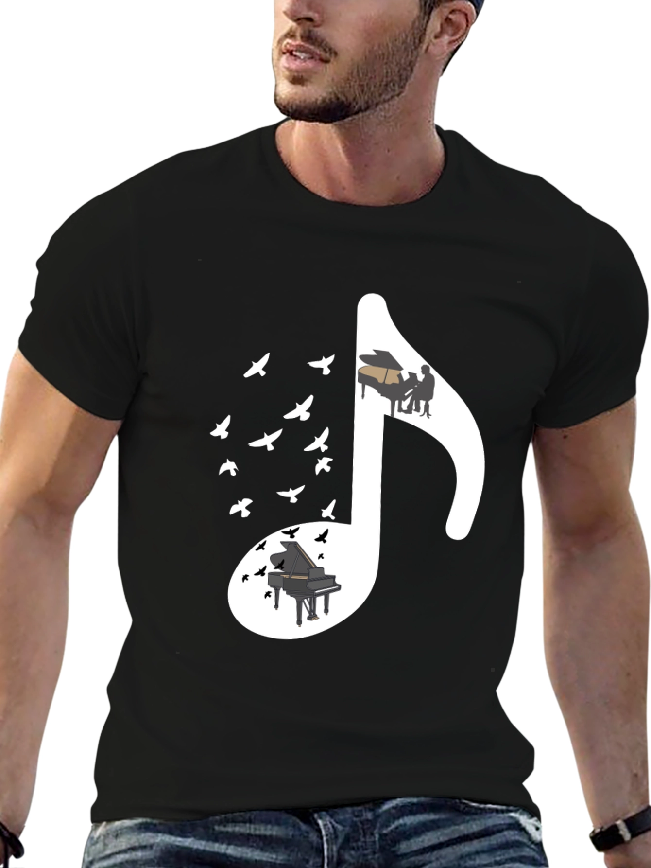 Musical Note T-Shirt with Piano and Bird Design