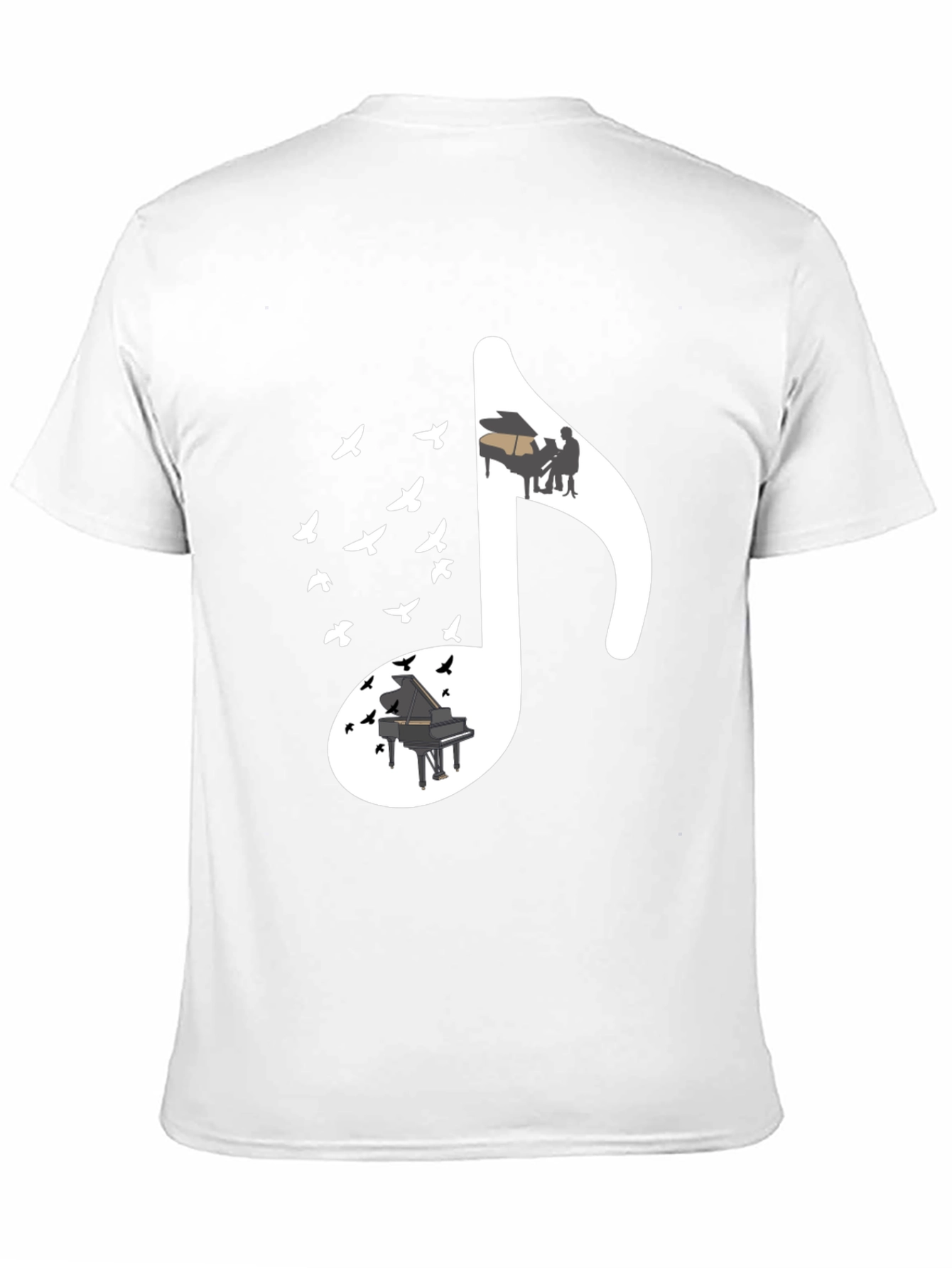 Musical Note T-Shirt with Piano and Bird Design