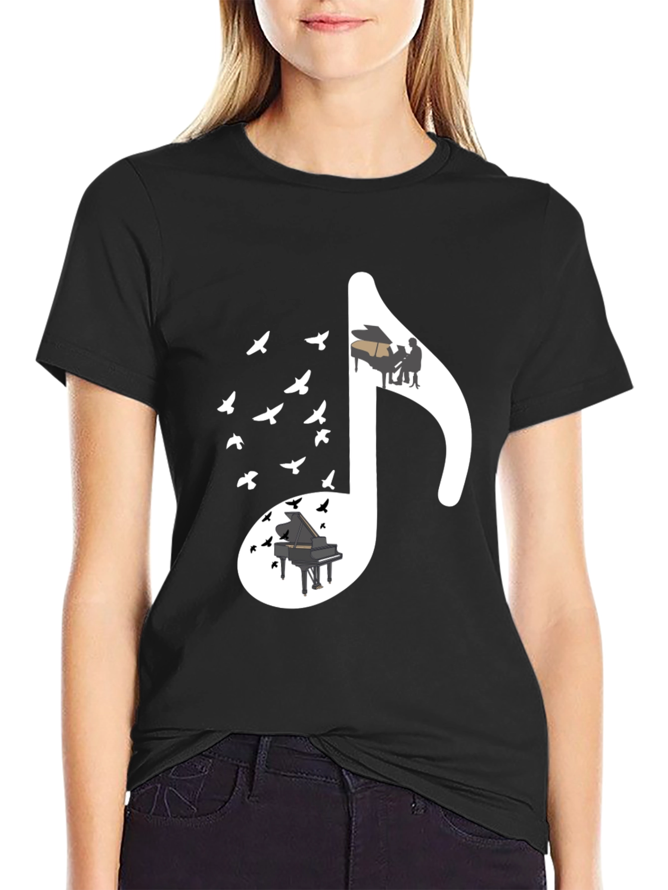 Musical Note T-Shirt with Piano and Bird Design