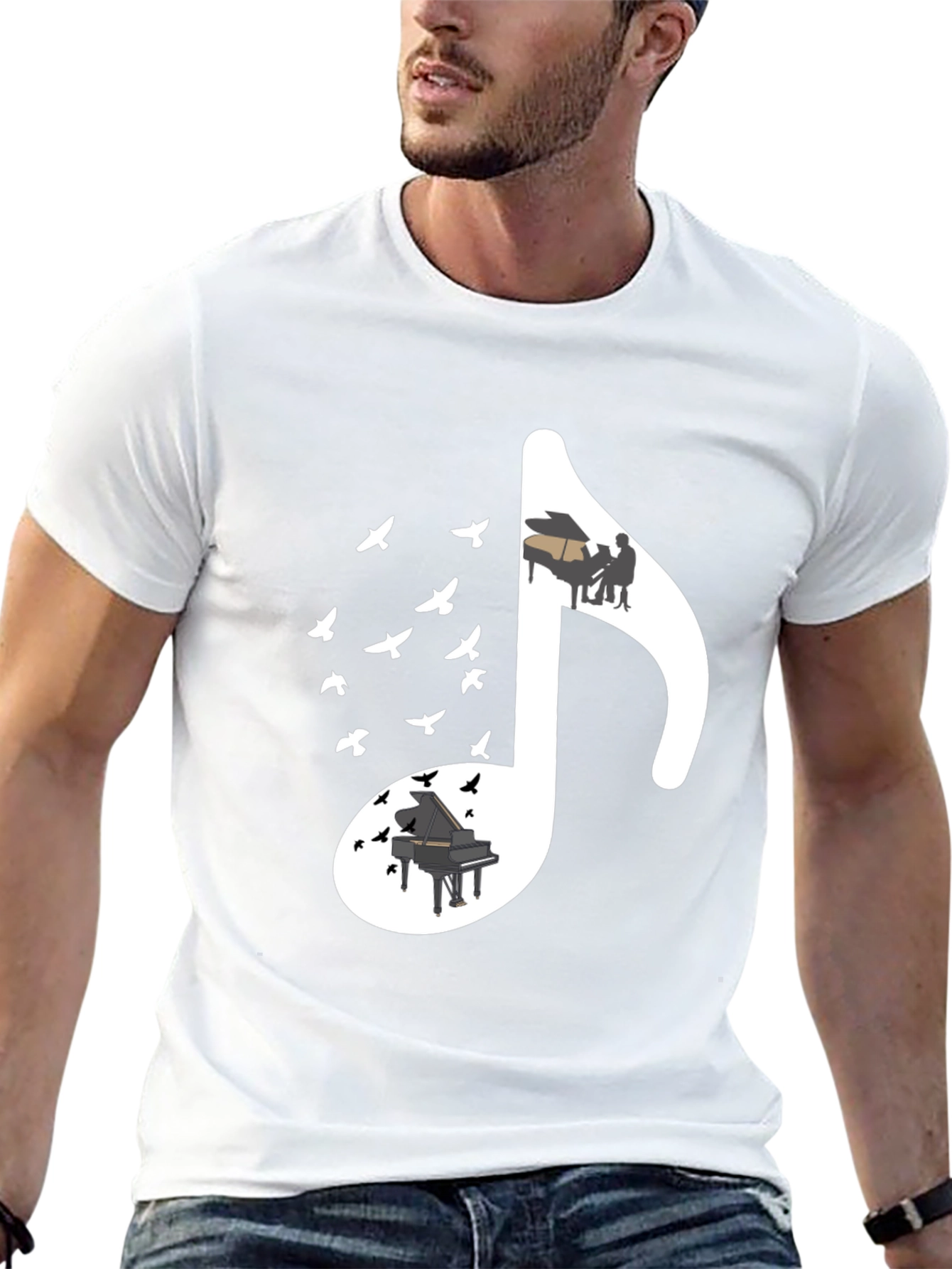 Musical Note T-Shirt with Piano and Bird Design