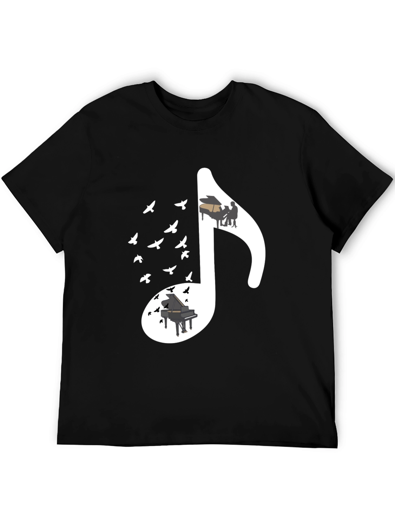 Musical Note T-Shirt with Piano and Bird Design