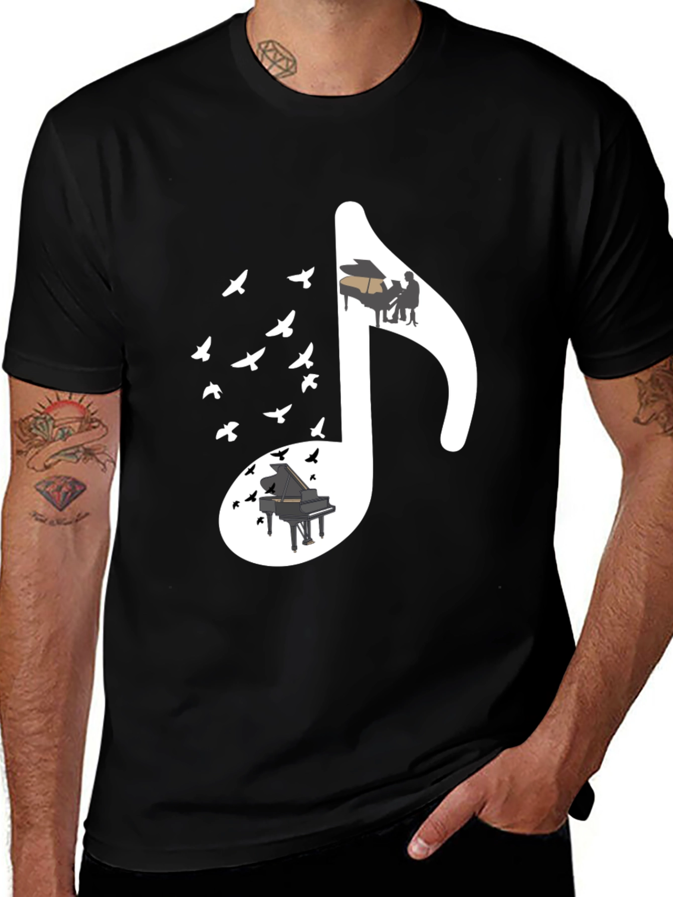 Musical Note T-Shirt with Piano and Bird Design