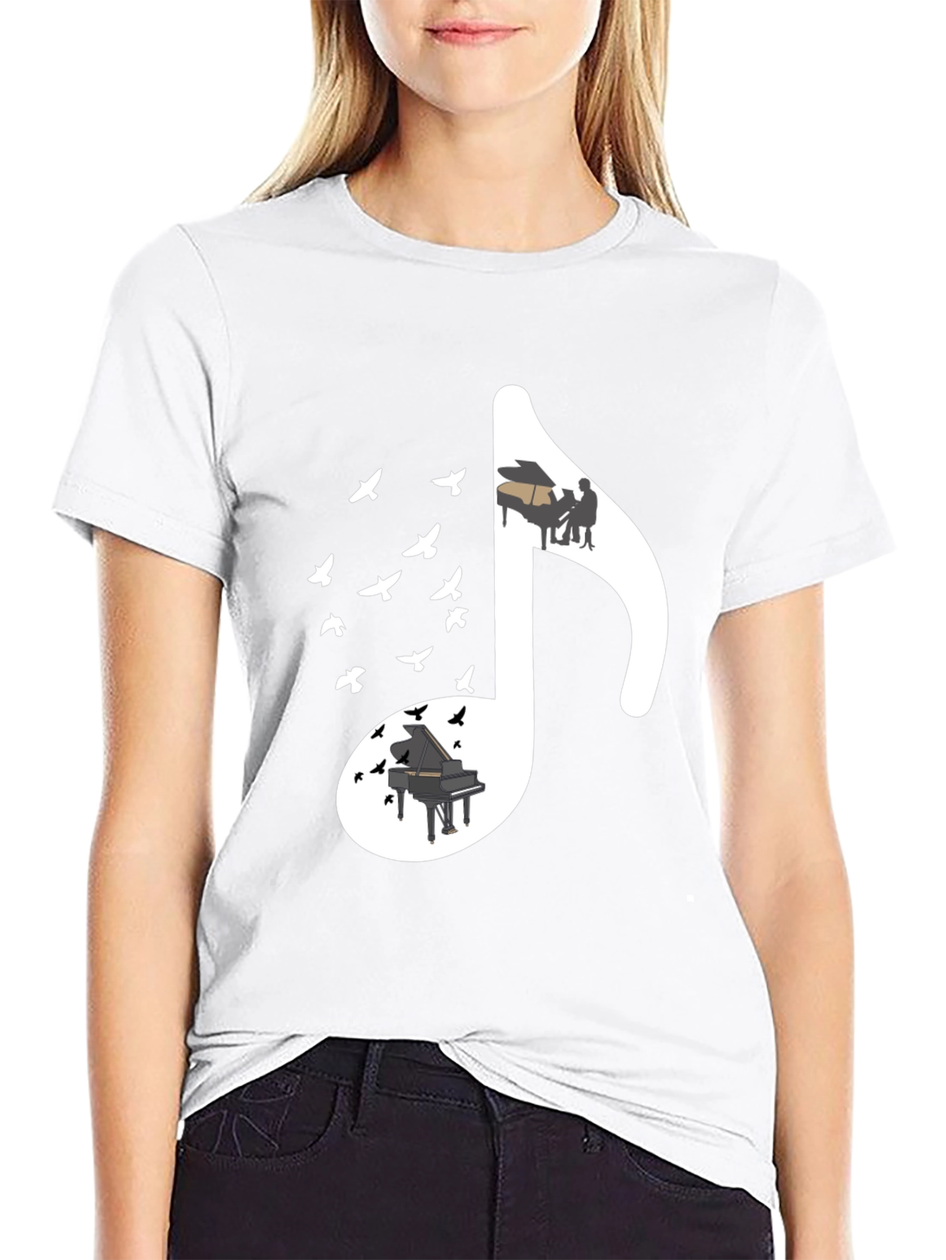 Musical Note T-Shirt with Piano and Bird Design