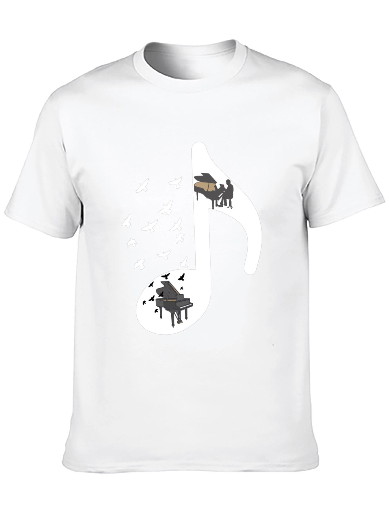 Musical Note T-Shirt with Piano and Bird Design