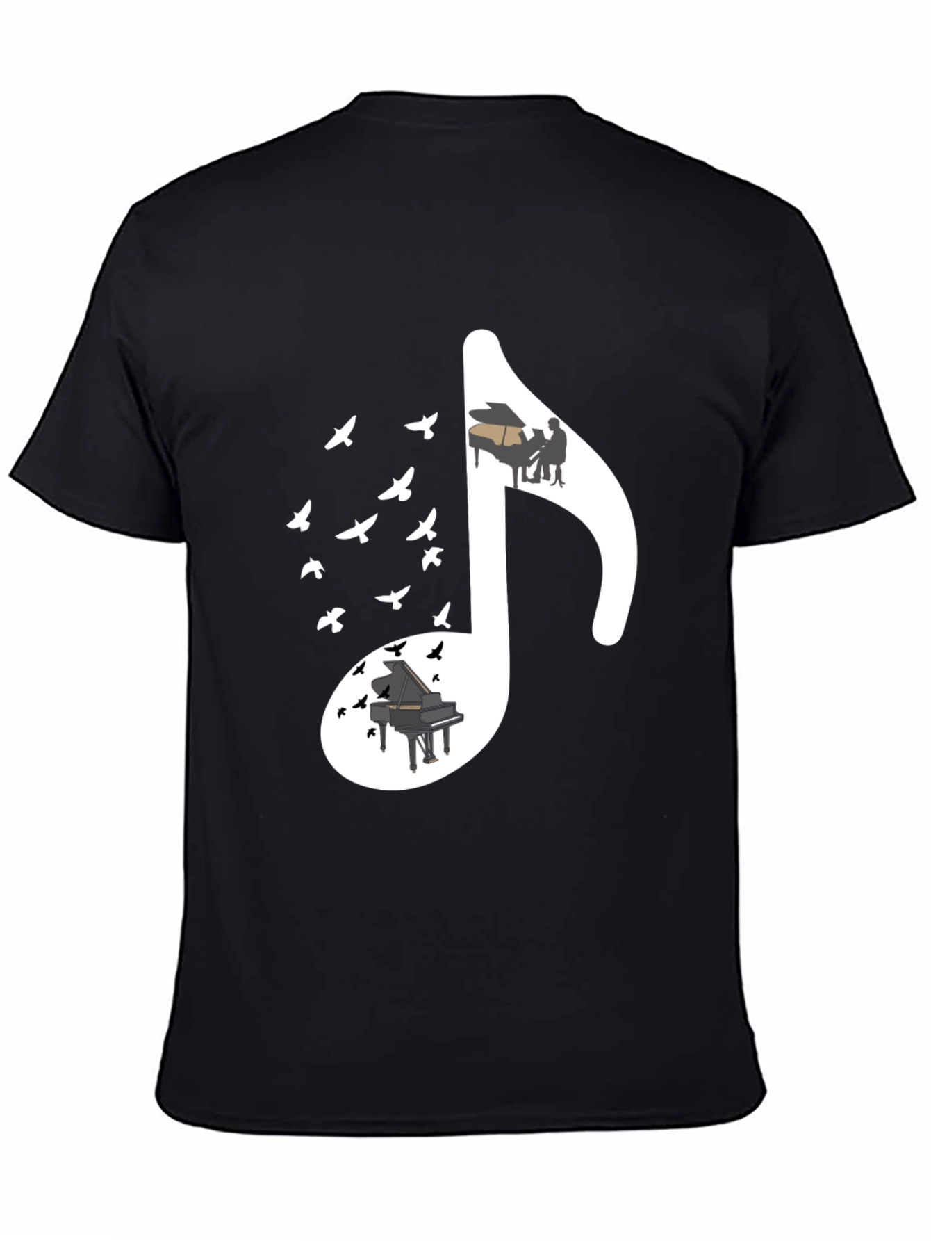 Musical Note T-Shirt with Piano and Bird Design