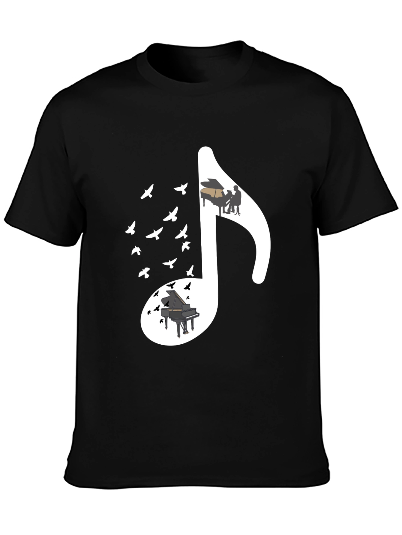 Musical Note T-Shirt with Piano and Bird Design