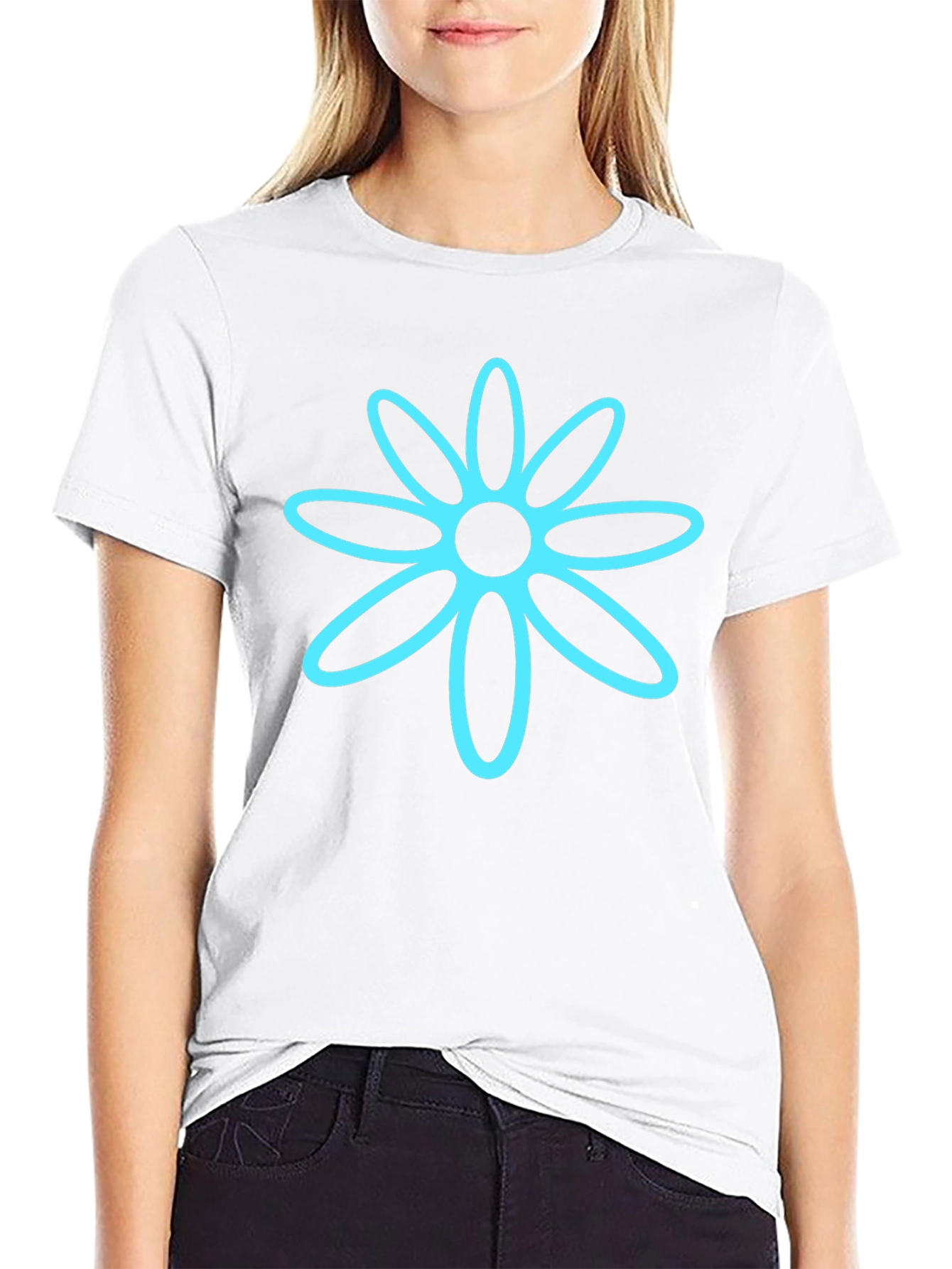 Black T-Shirt with Cyan Flower Graphic