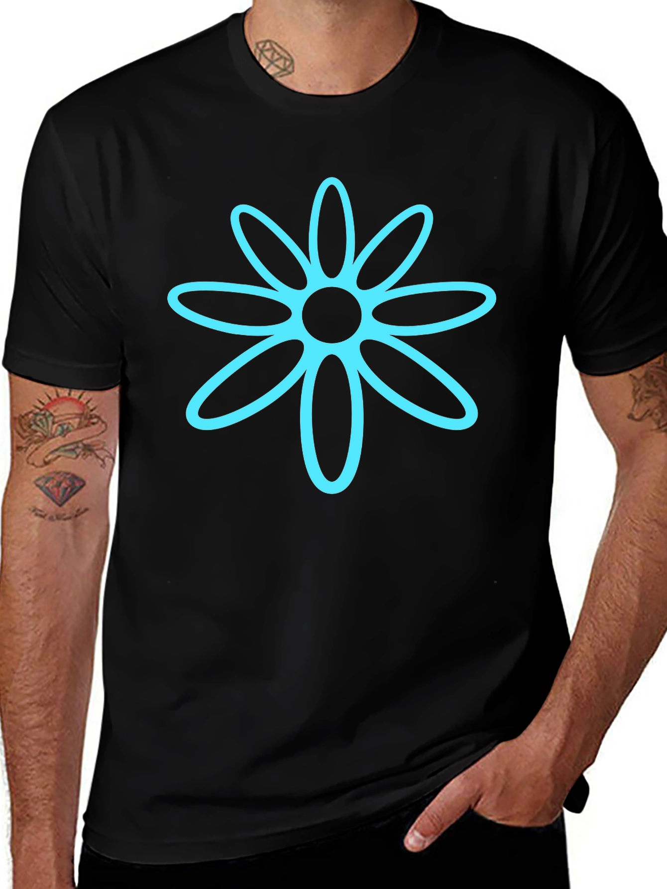 Black T-Shirt with Cyan Flower Graphic