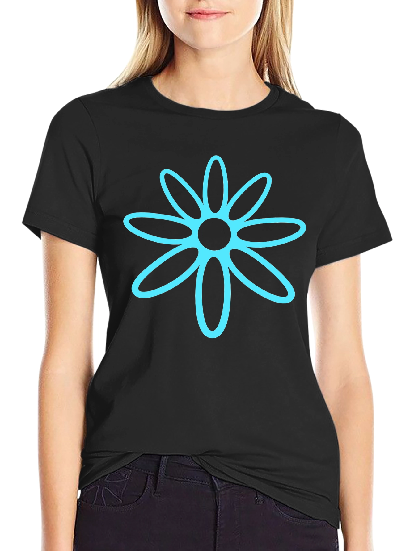 Black T-Shirt with Cyan Flower Graphic