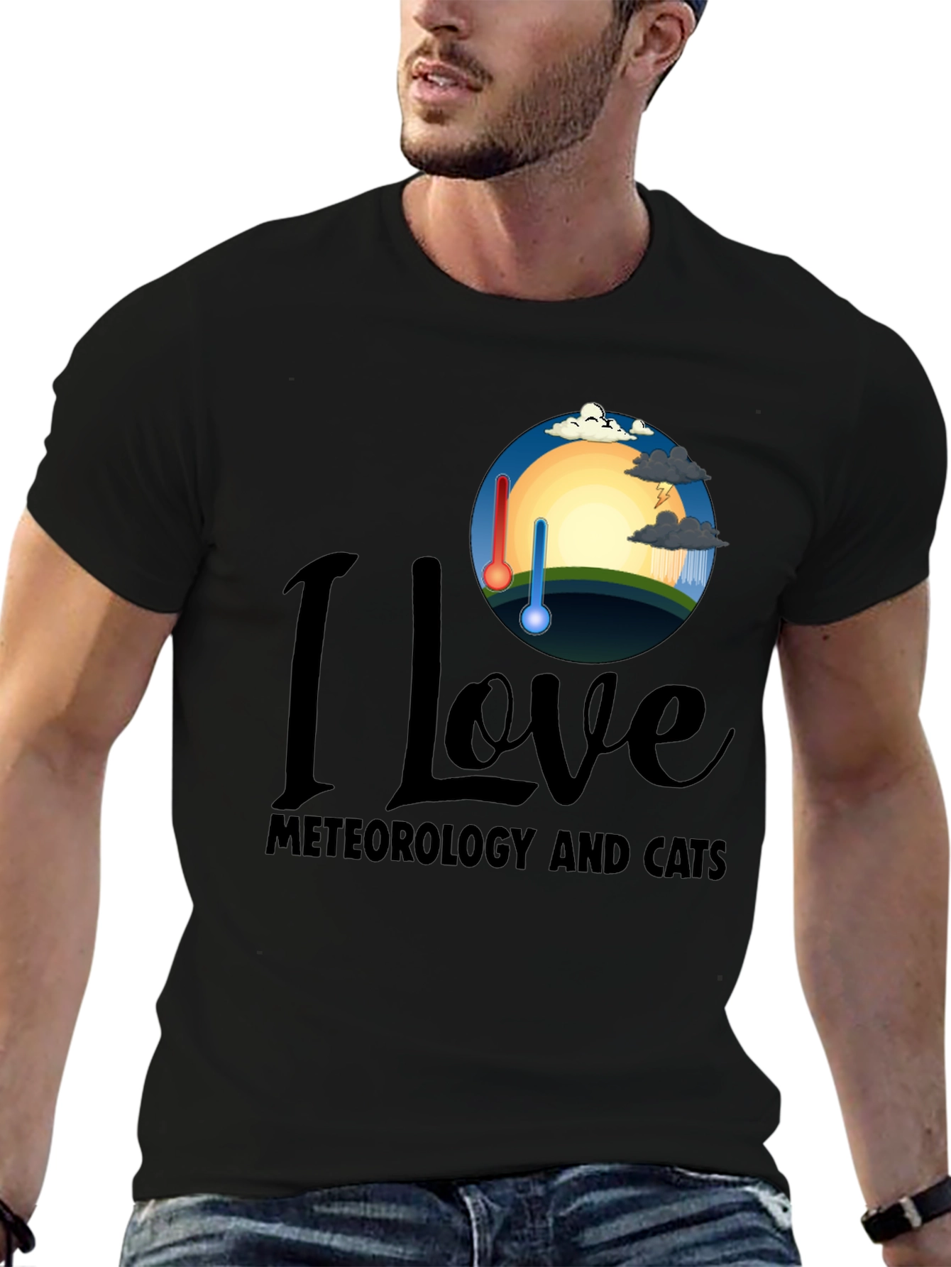 I Love Meteorology & Cats Black T-Shirt