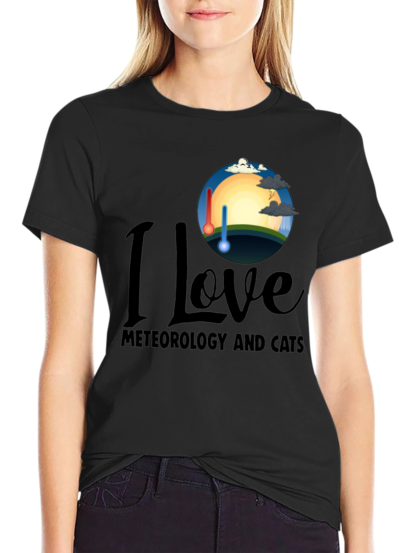 I Love Meteorology & Cats Black T-Shirt