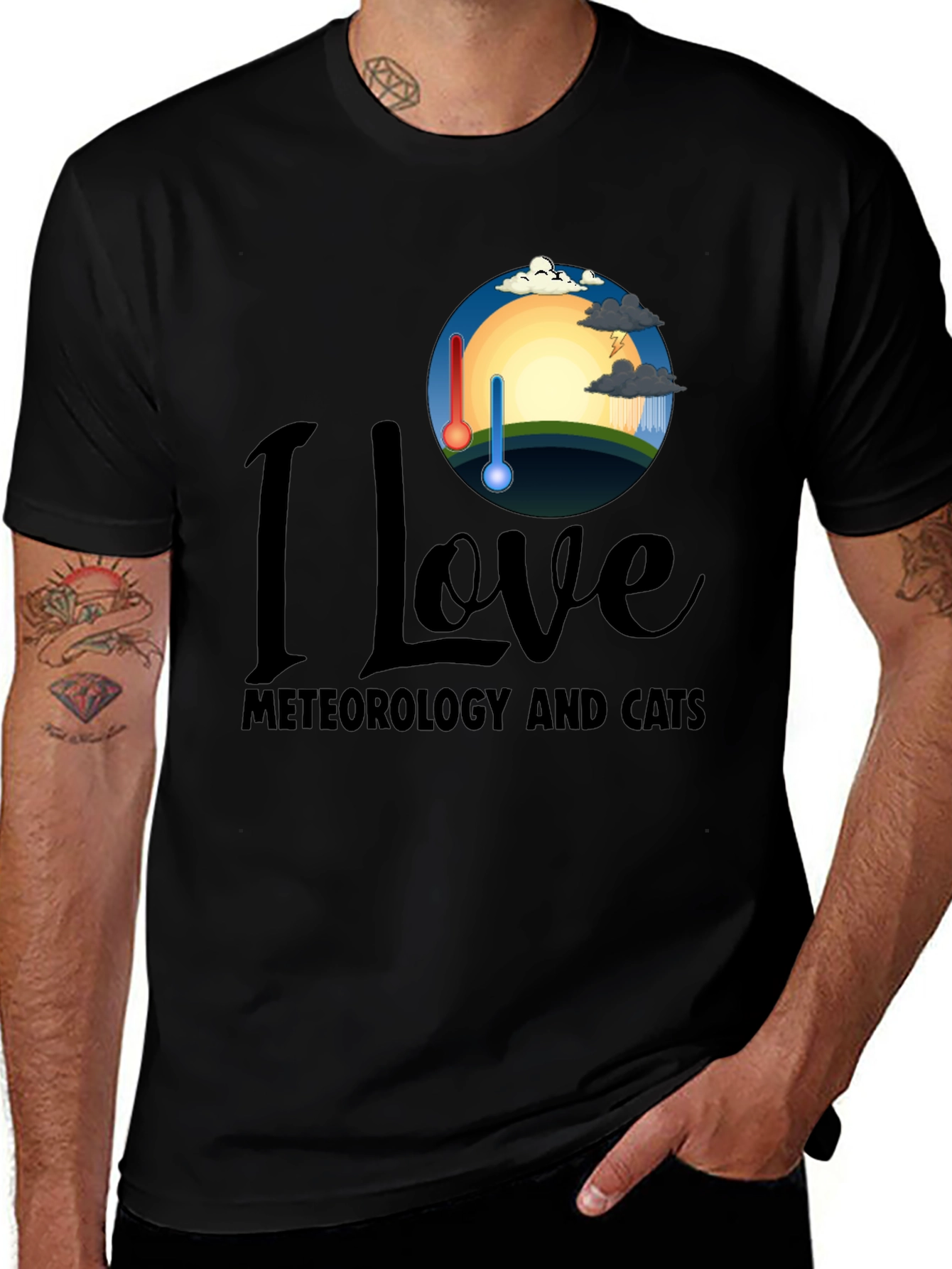 I Love Meteorology & Cats Black T-Shirt