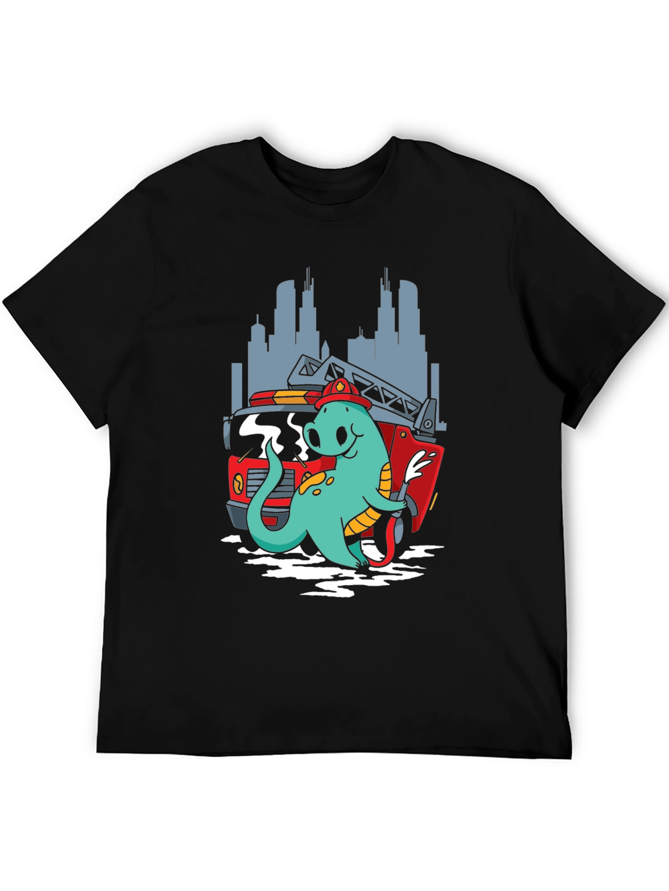 Dino Firefighter T-Shirt - Cartoon Design