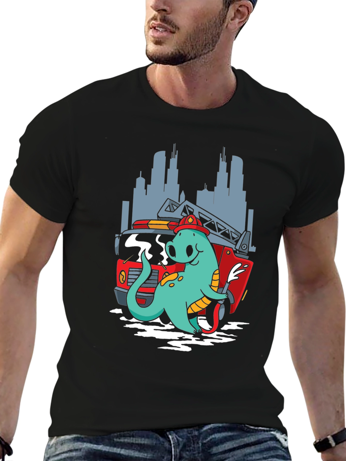 Dino Firefighter T-Shirt - Cartoon Design