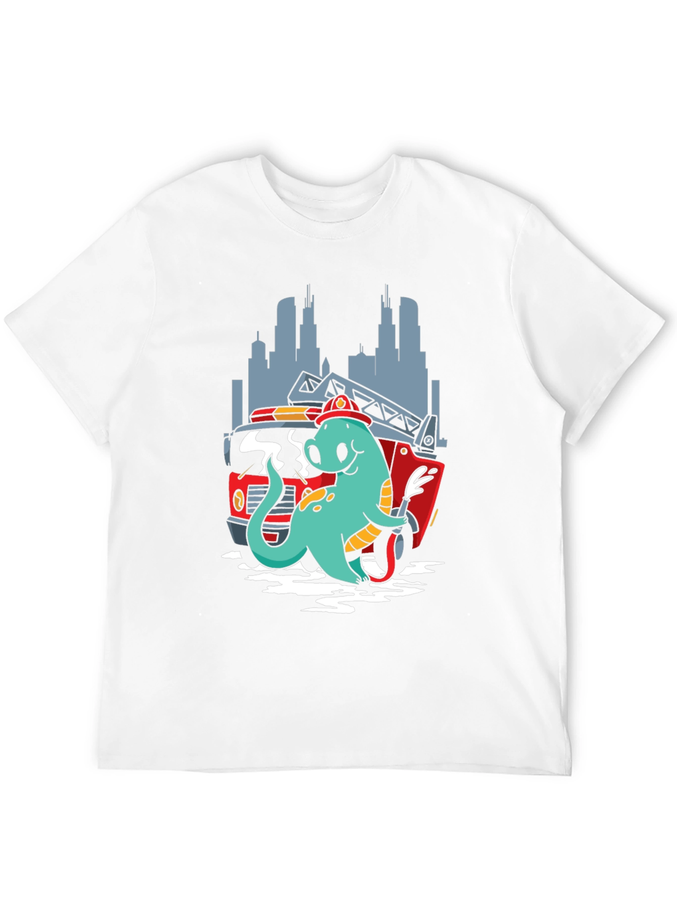 Dino Firefighter T-Shirt - Cartoon Design