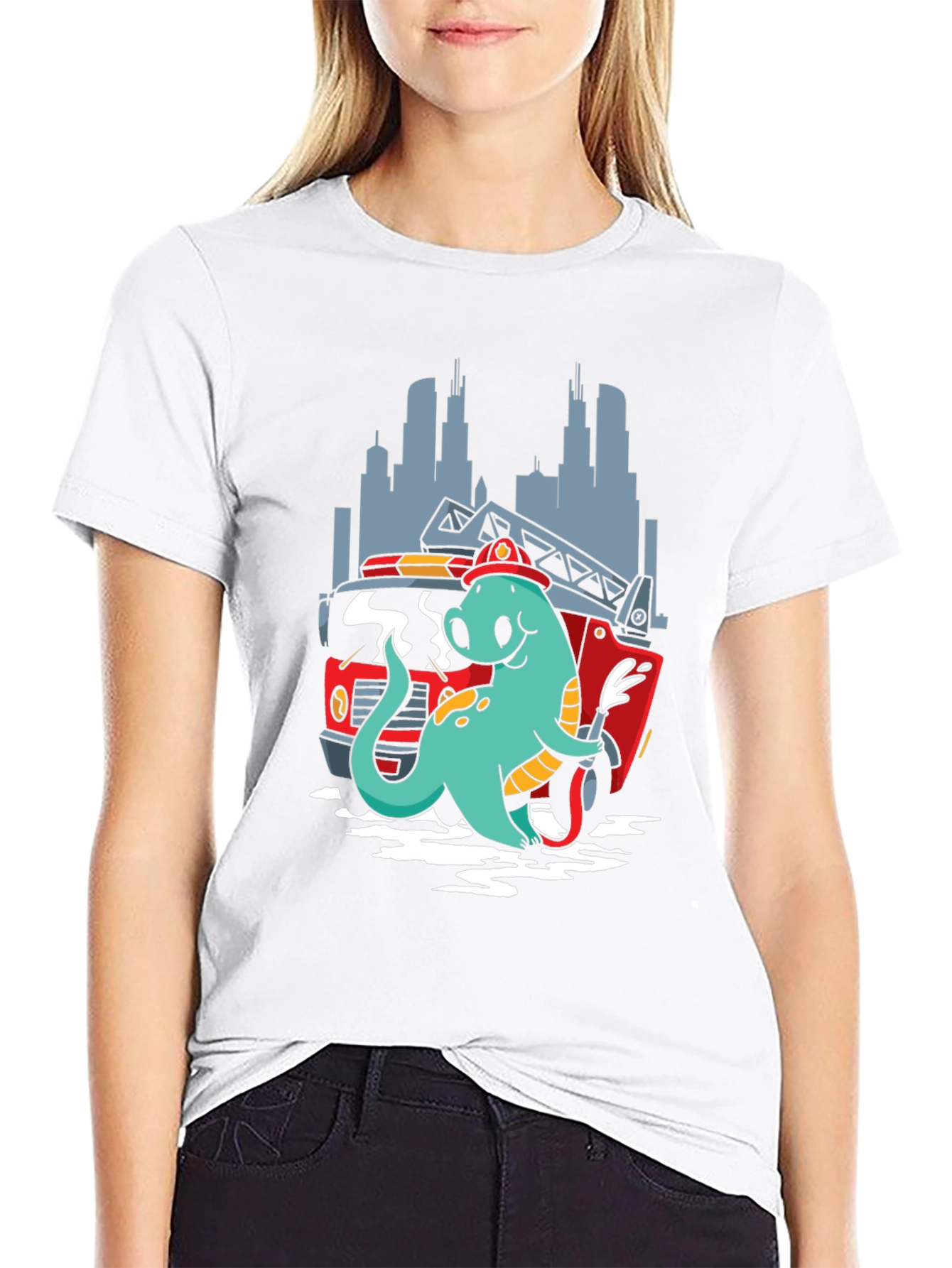 Dino Firefighter T-Shirt - Cartoon Design