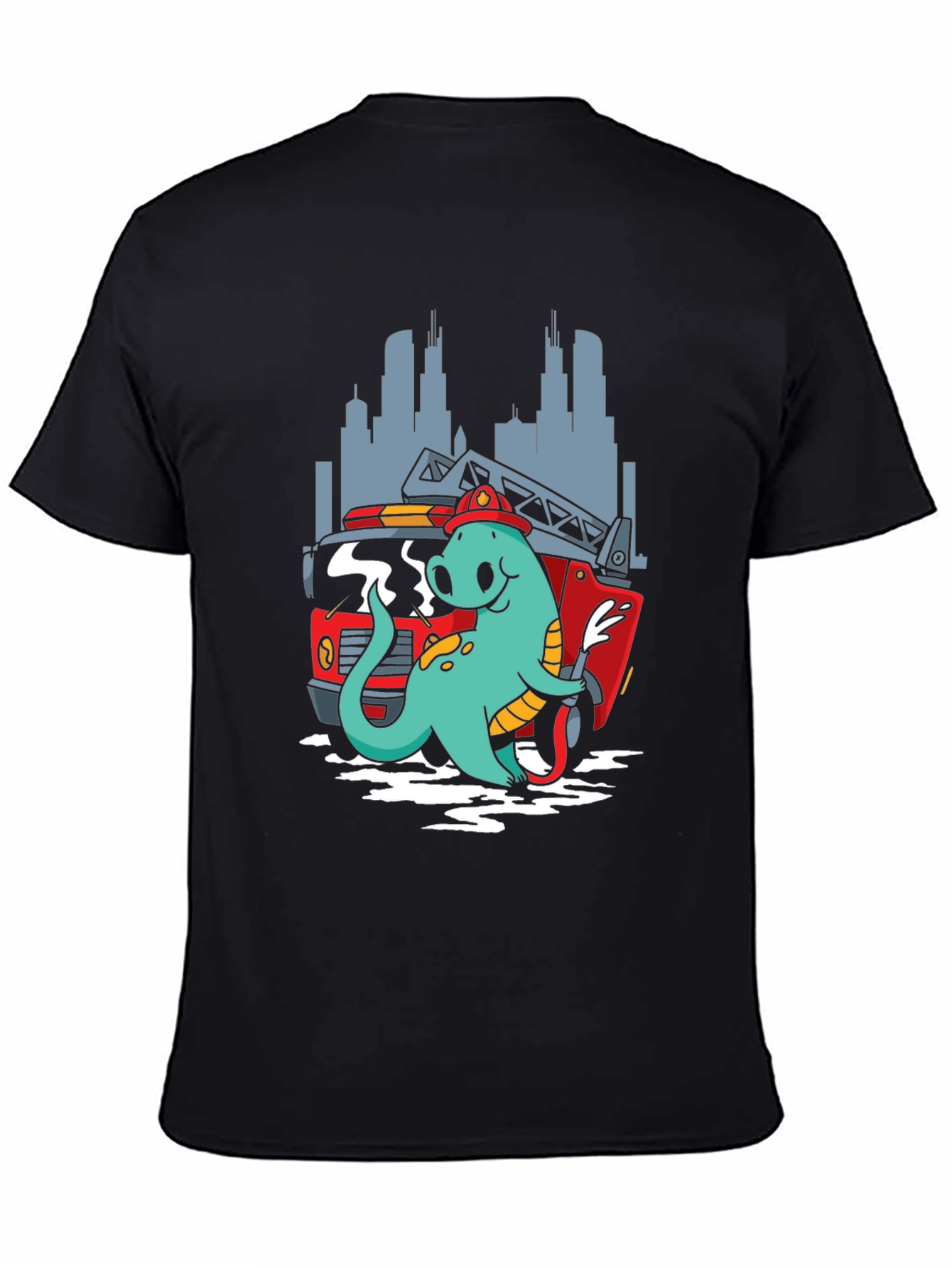 Dino Firefighter T-Shirt - Cartoon Design