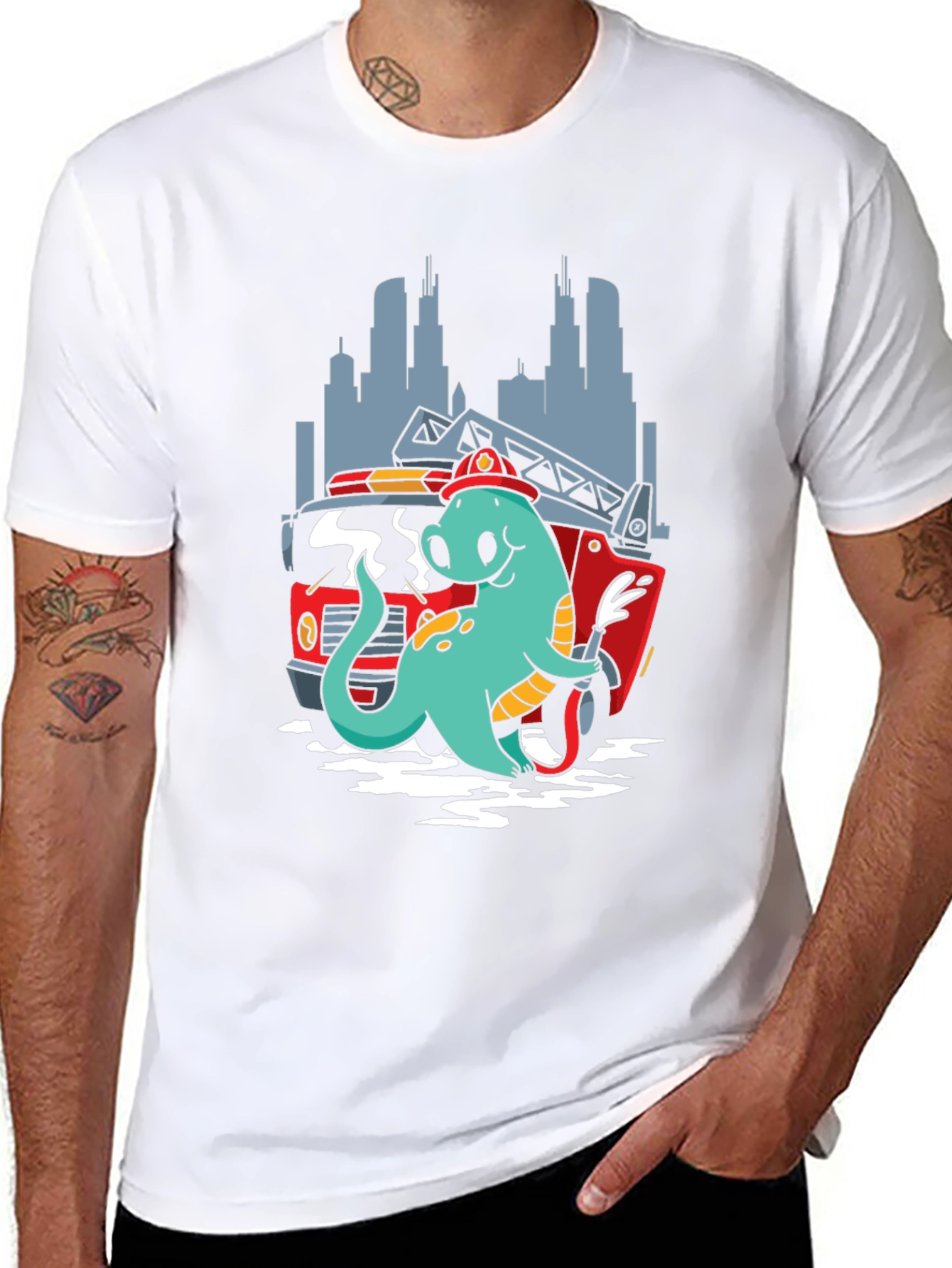Dino Firefighter T-Shirt - Cartoon Design