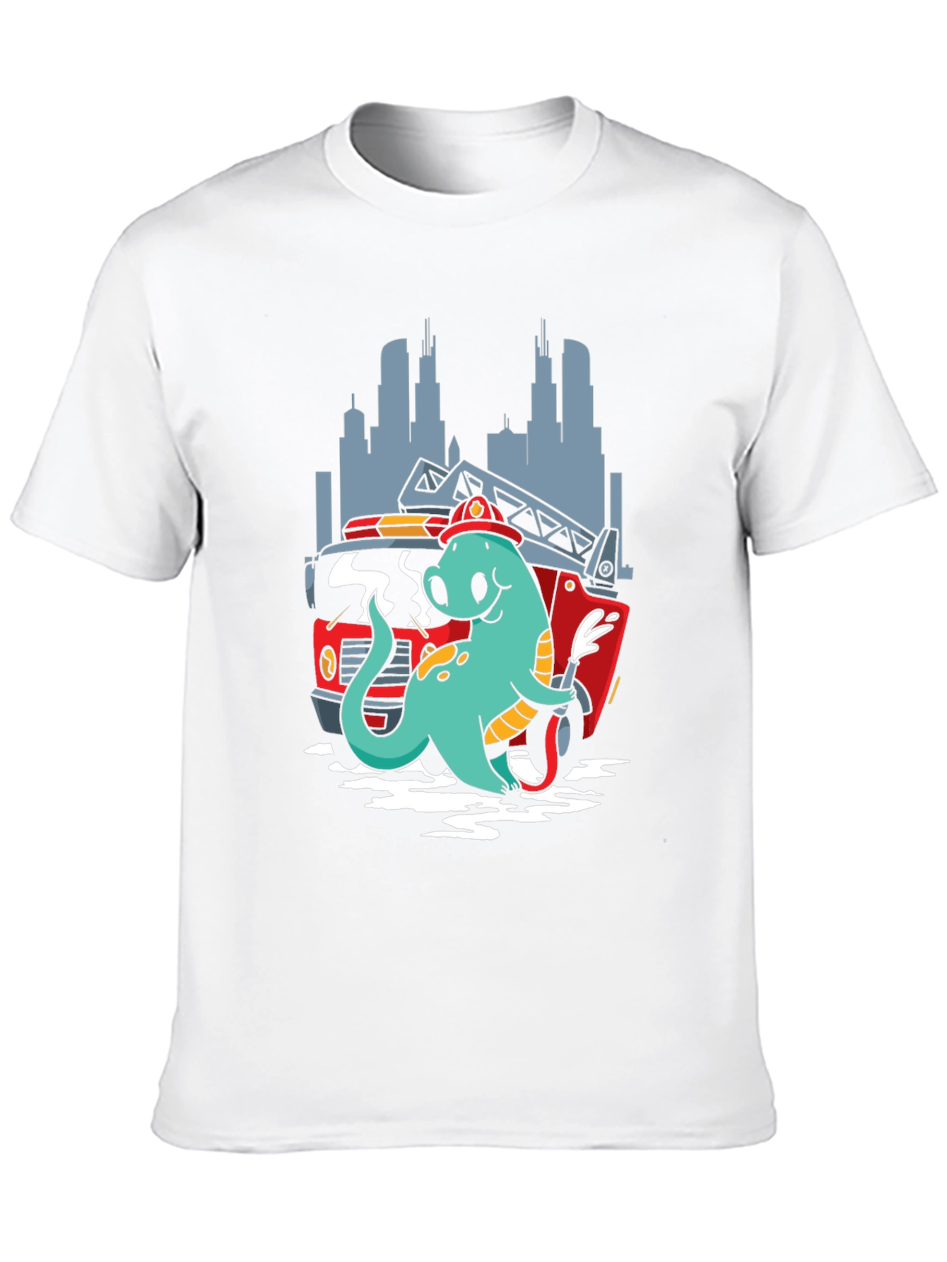 Dino Firefighter T-Shirt - Cartoon Design