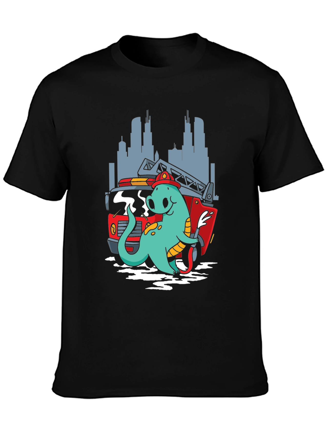 Dino Firefighter T-Shirt - Cartoon Design